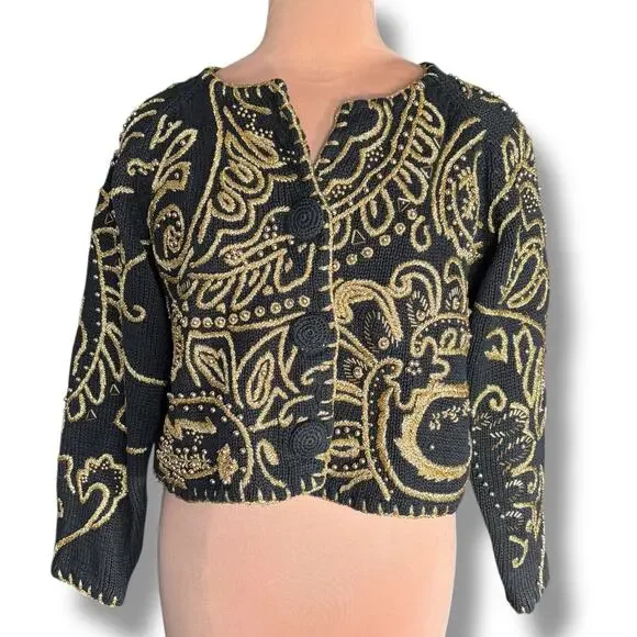Vintage 90s Michael Simon Black Gold Metallic Embroidered Cropped Knit Cardigan - Picture 3 of 12
